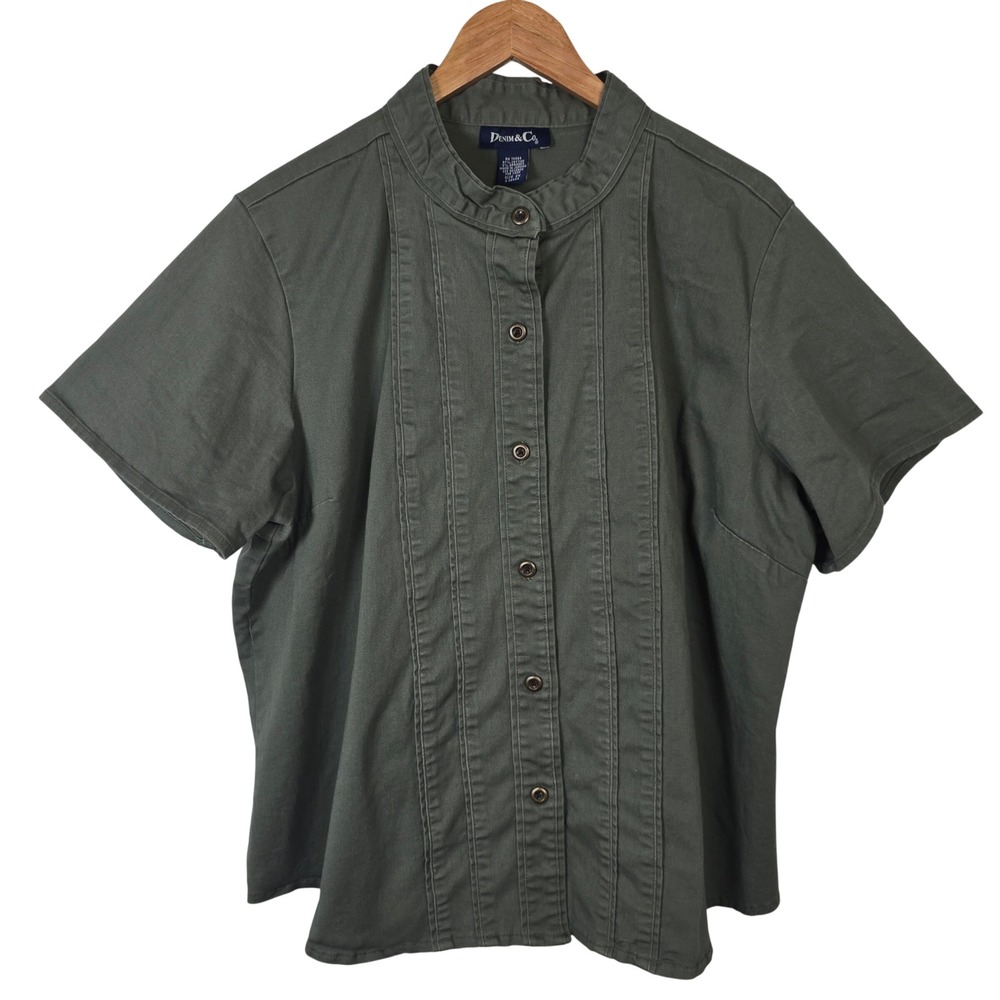 Denim‎ & Co Military Olive Green Short Sleeve Pintuck Button Front Shirt 2X